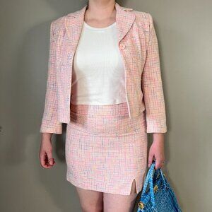 Y2K pink tweed skirt suit Set